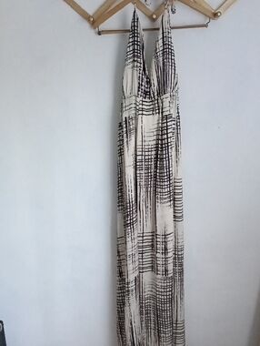 Lure Halter Cream and Black Patterned Maxi Dress - Sleeveless V-Neck.